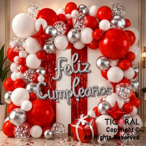 SET DE GLOBOS ARCO XL FELIZ CUMPLEA�OS ROJO BLANCO Y PLATA (GY 7909) 78 UNIDADES